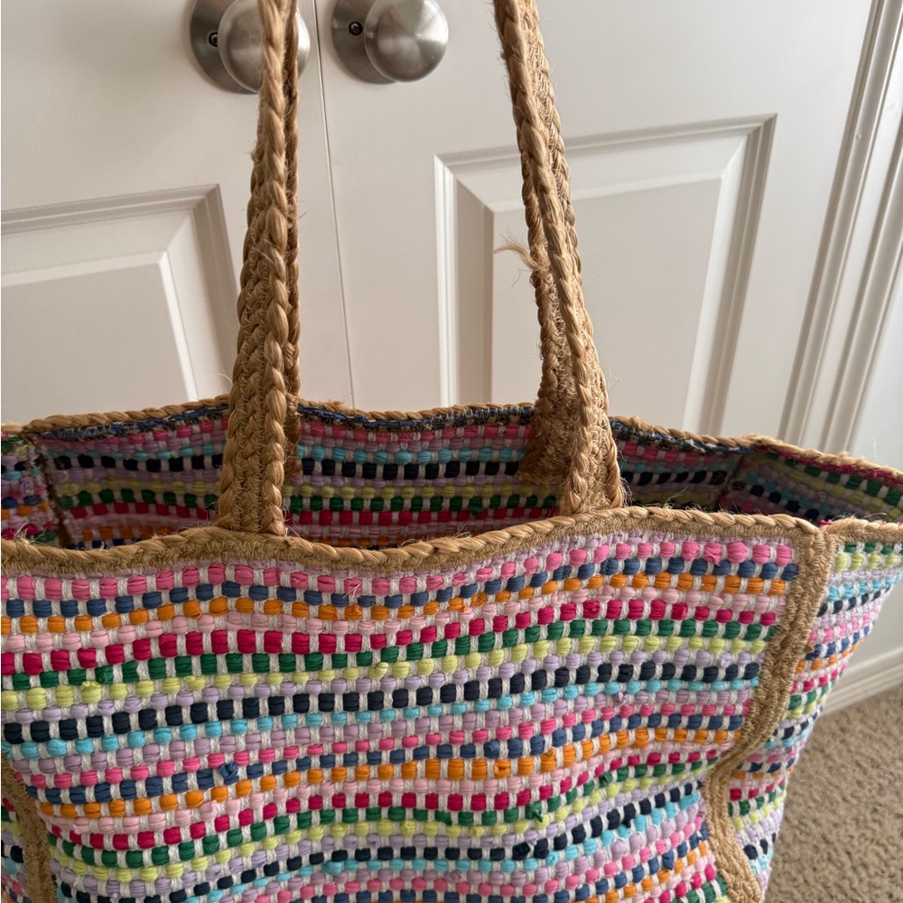 Shiraleah Multicolor Striped Woven Tote - Pink, Blue, Green, Yellow - Picture 3 of 6